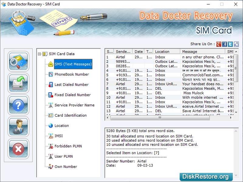 SIM, Contacts, Recovery, Software, rescue, missing, card, data, regain, lost, PLMN, ICC-ID, location, restore, erase, inbox, outbox, draft, text, message, computer, program, retrieve, deleted, last, fixed, dialed, phonebook, number