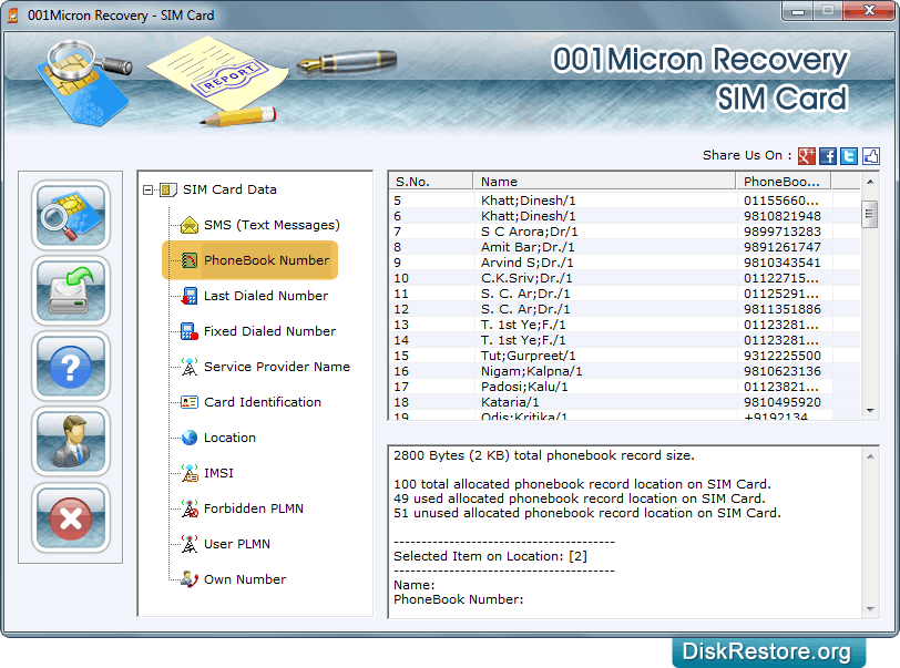 View recovered phonebook numbers